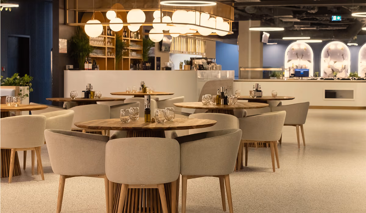 A modern dining interior with varied seating arrangements