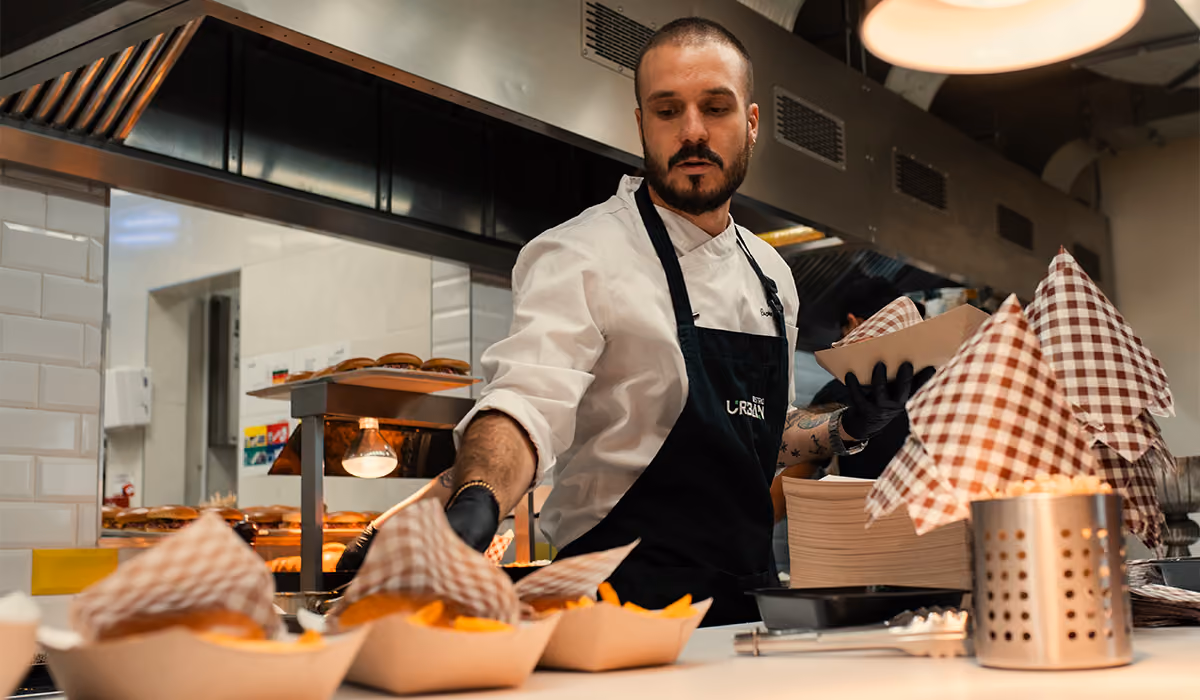 A busy city restaurant floor during lunch service