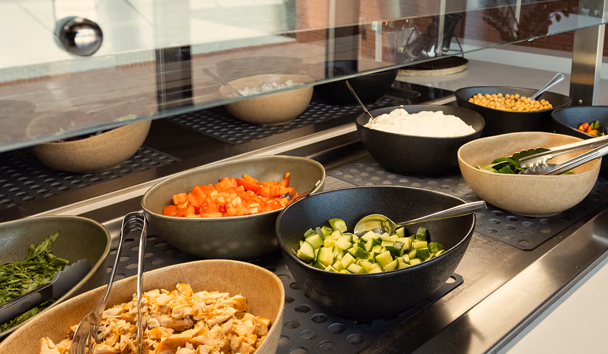 Salad bar with bowls of chopped chicken, cucumbers, tomatoes, chickpeas, and greens under glass shelter.