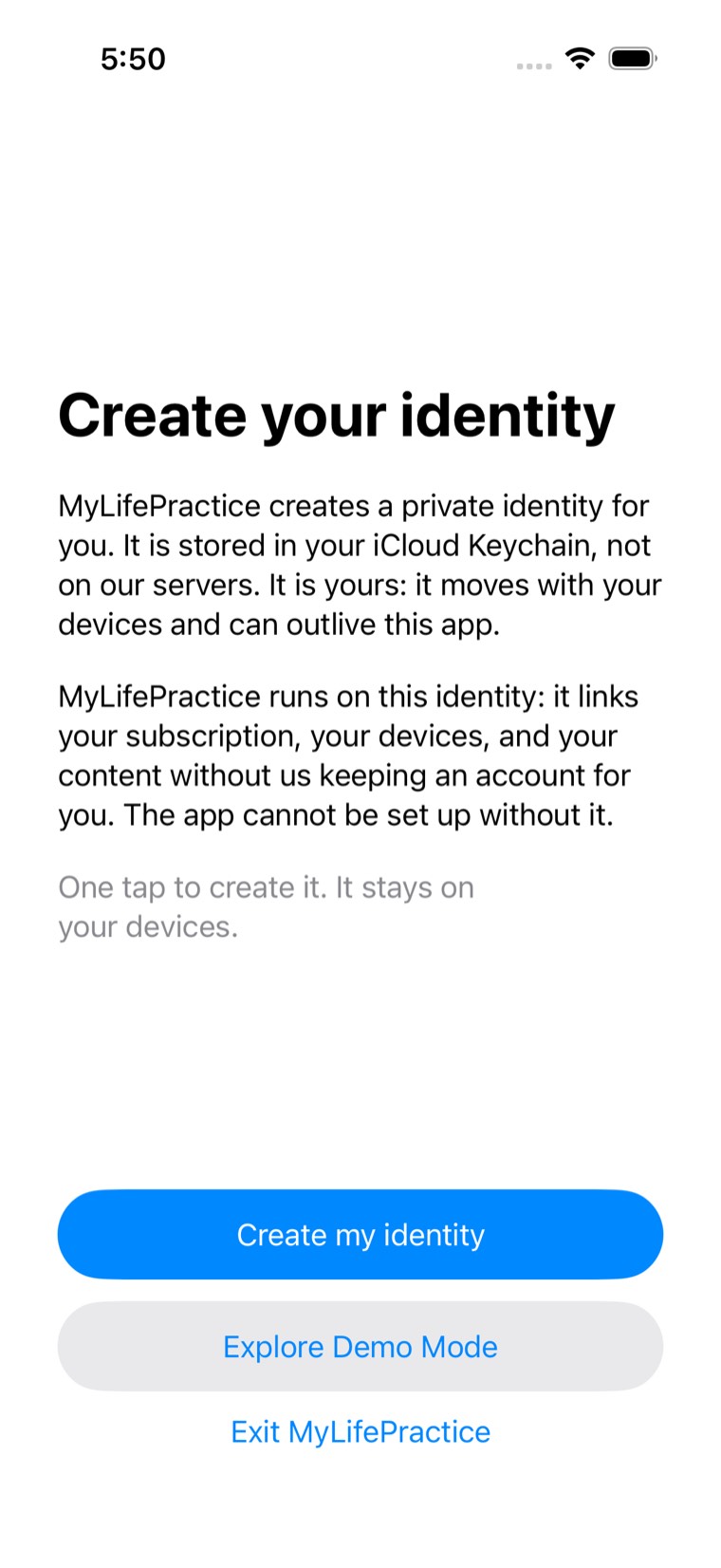 The Create your identity screen, explaining that the identity is stored in your iCloud Keychain, with buttons to create it or explore demo mode.