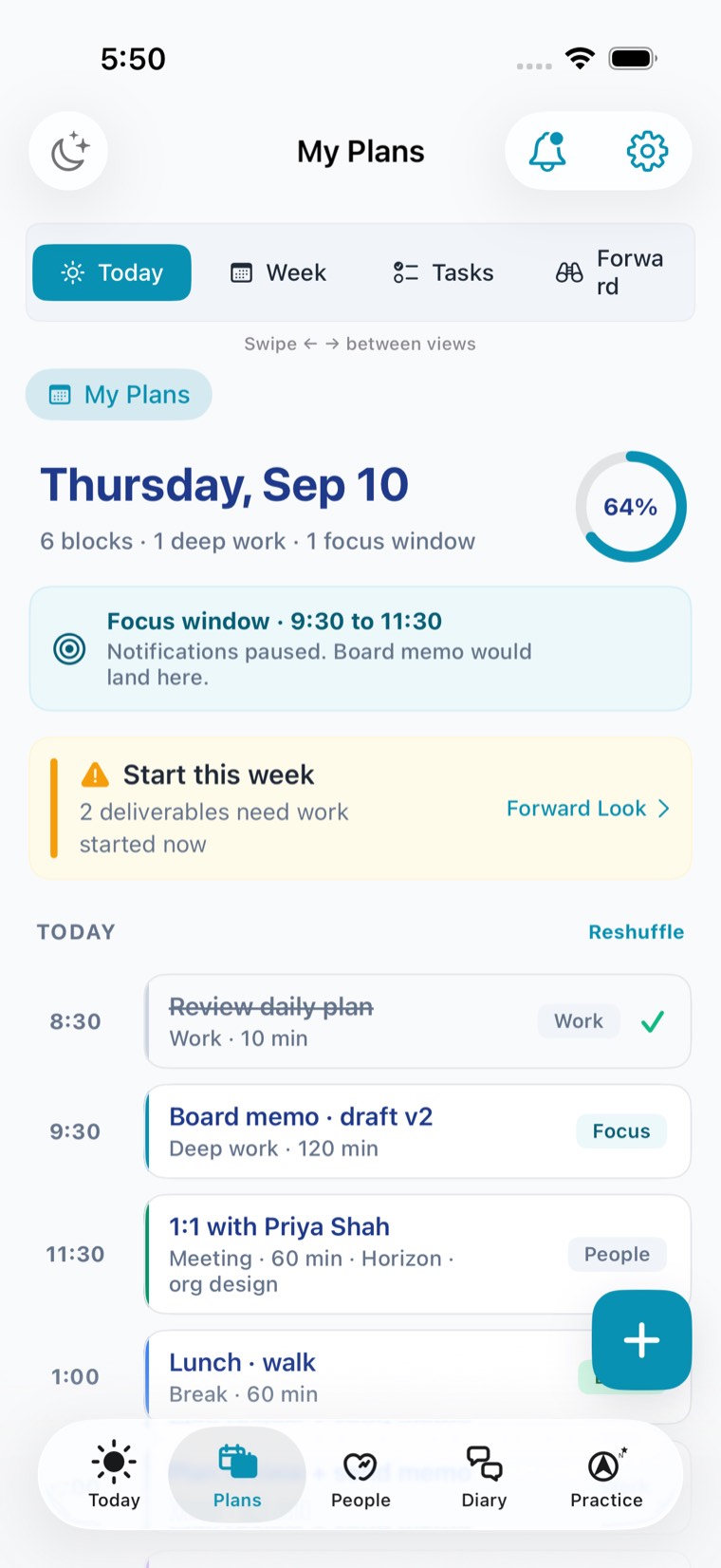 The Plans tab, showing calendars and the time around meetings.