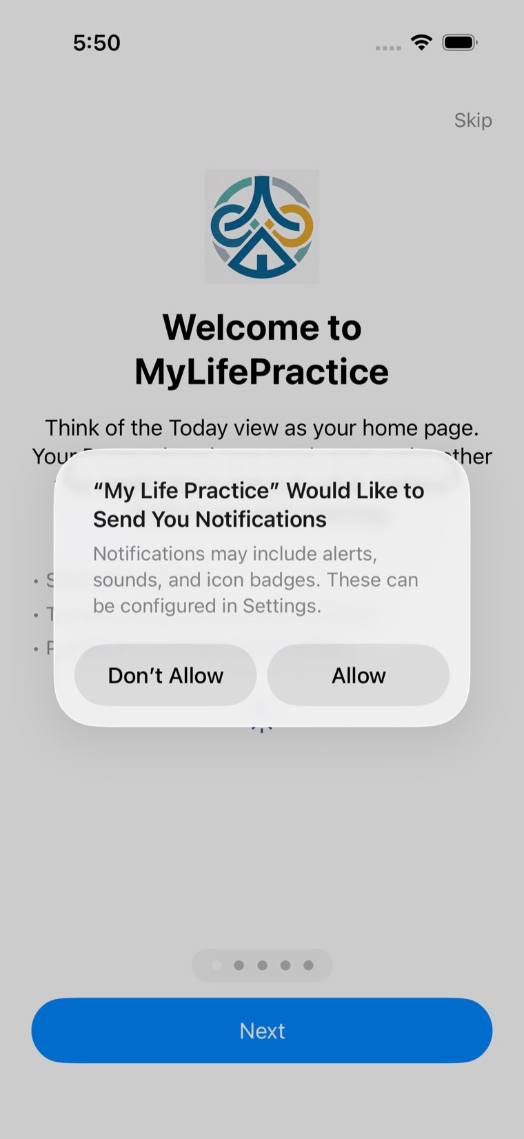 The iOS permission prompt asking whether My Life Practice may send you notifications, with Allow and Don't Allow.
