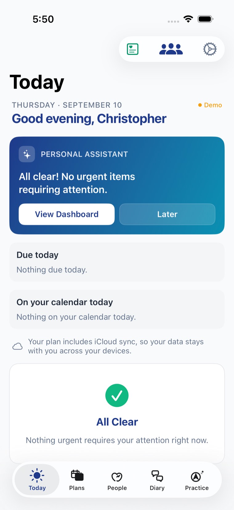 The Today view, showing a Personal Assistant briefing card and what is due today.