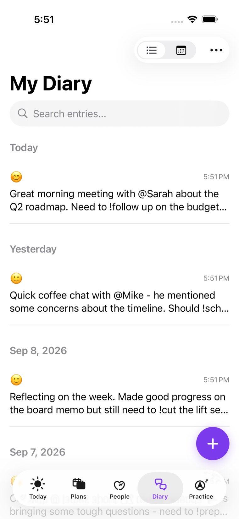 The Diary tab, showing captured notes and reflections.