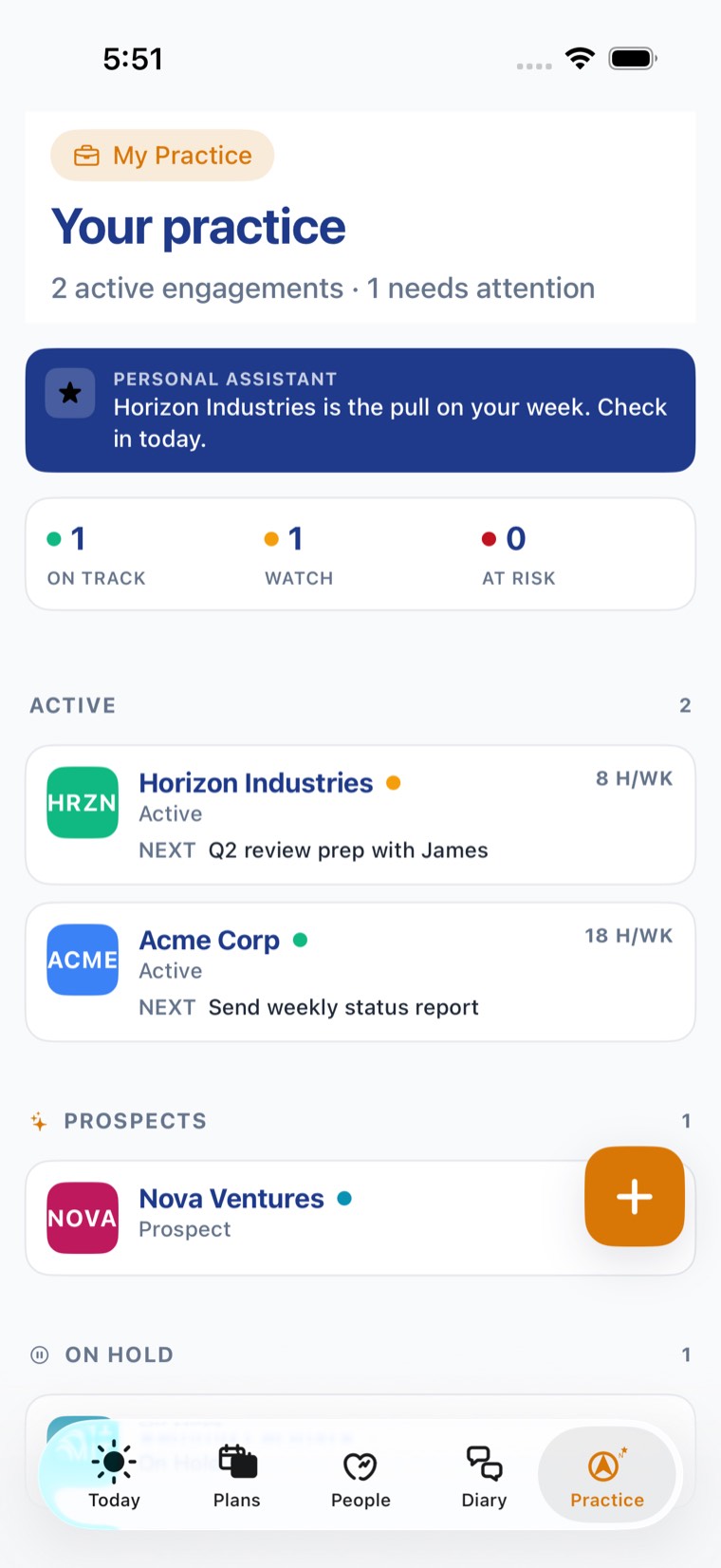 The My Practice tab, showing active engagements with status, a prospect, and work on hold.