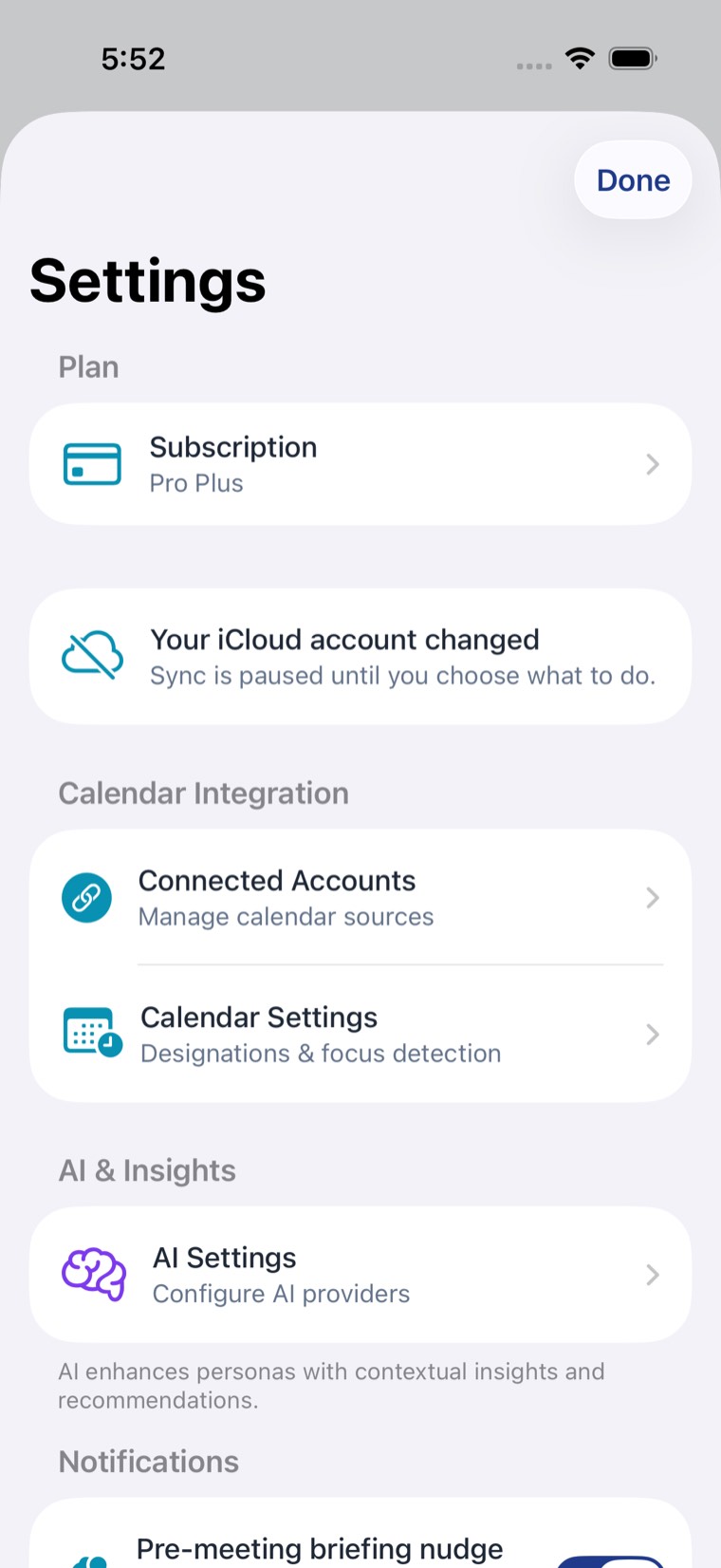 The Settings screen, listing its sections including plan, calendars, notifications, iCloud sync, data and about.