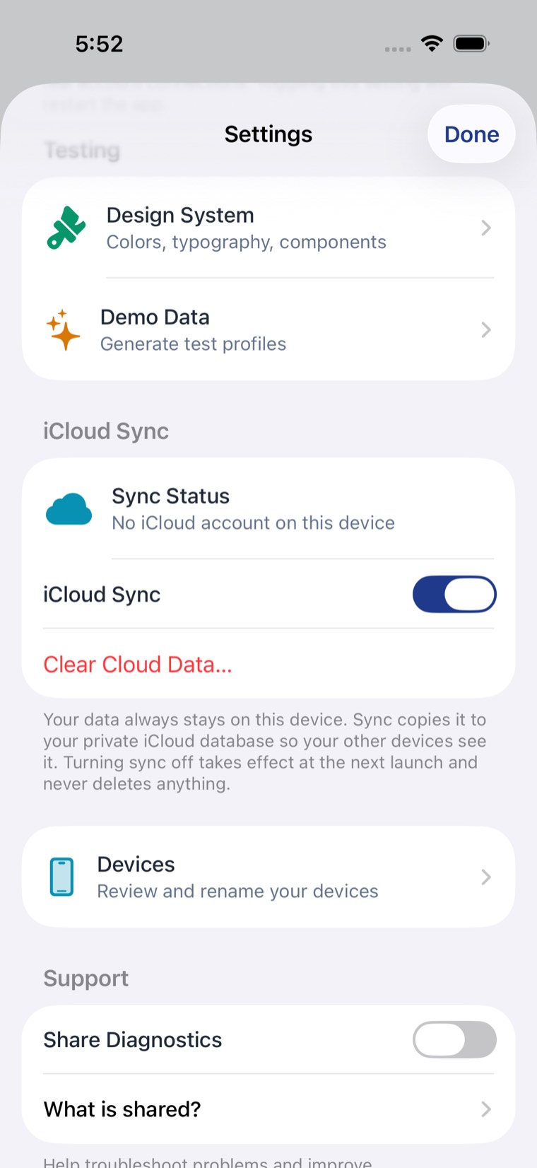 The iCloud Sync section of Settings, showing sync status, the sync switch, and Clear Cloud Data.