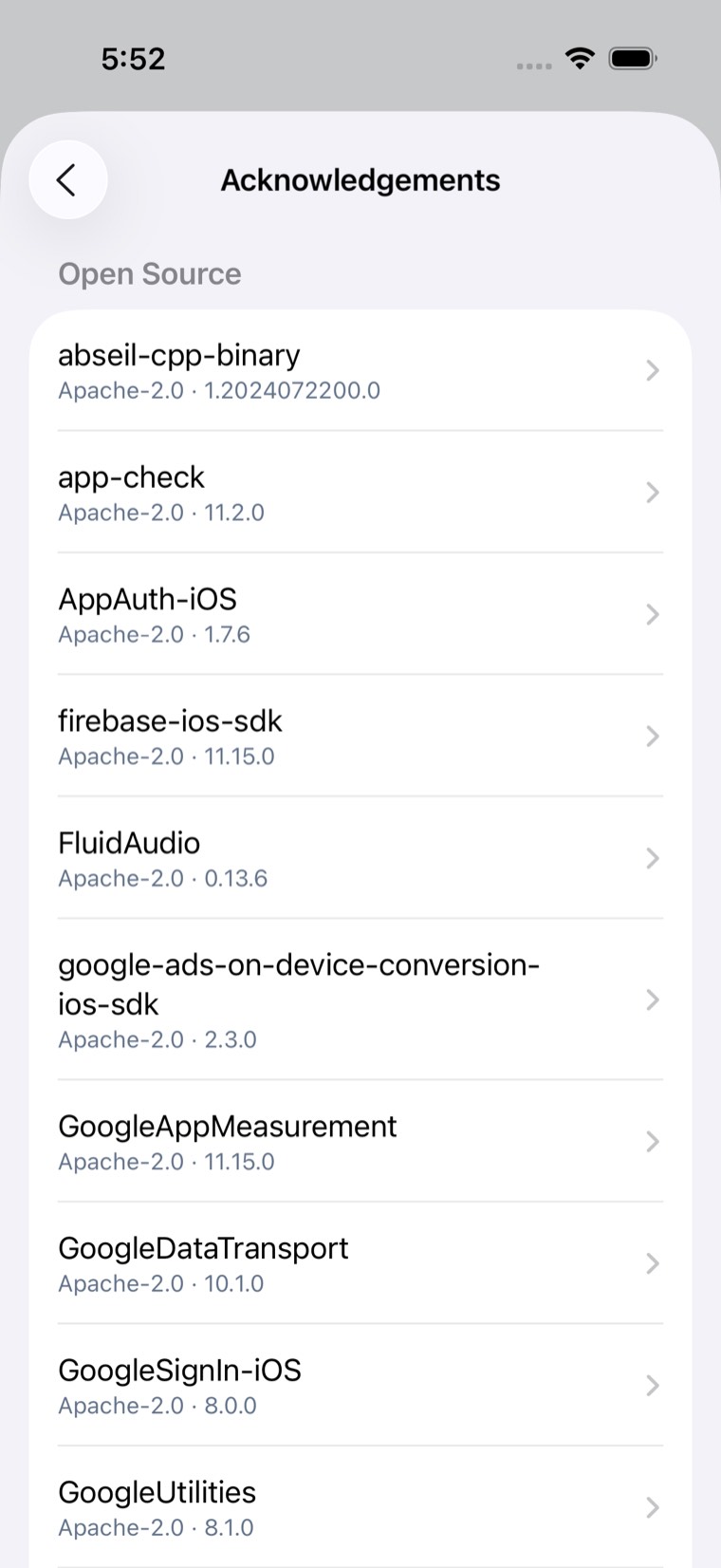 The Acknowledgements screen, listing each open source package with its license and version.