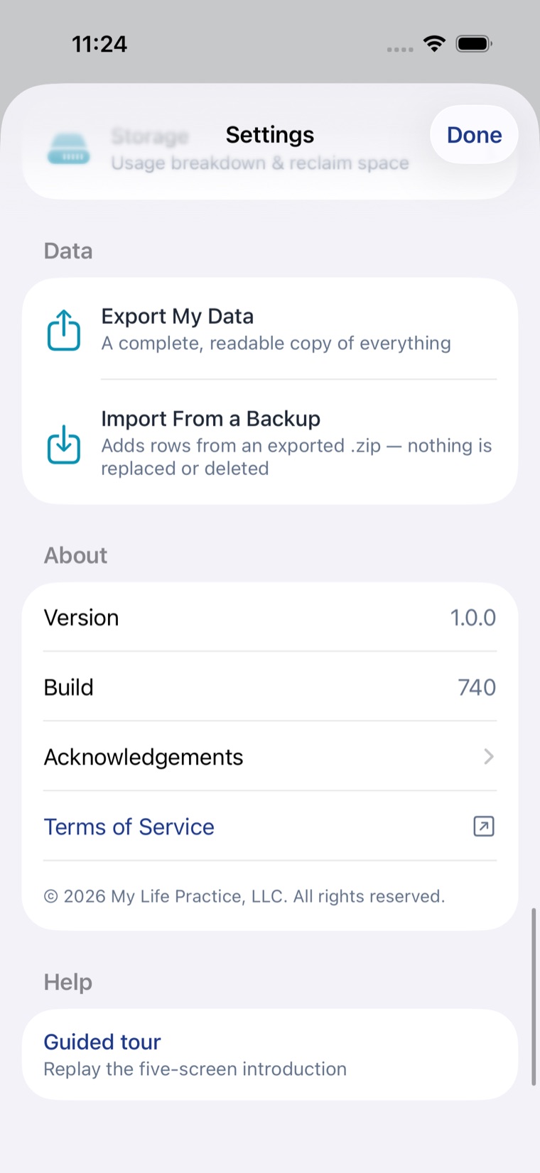 The About section of Settings, showing the app version and build number, the Acknowledgements link, a Terms of Service link, and the copyright notice.