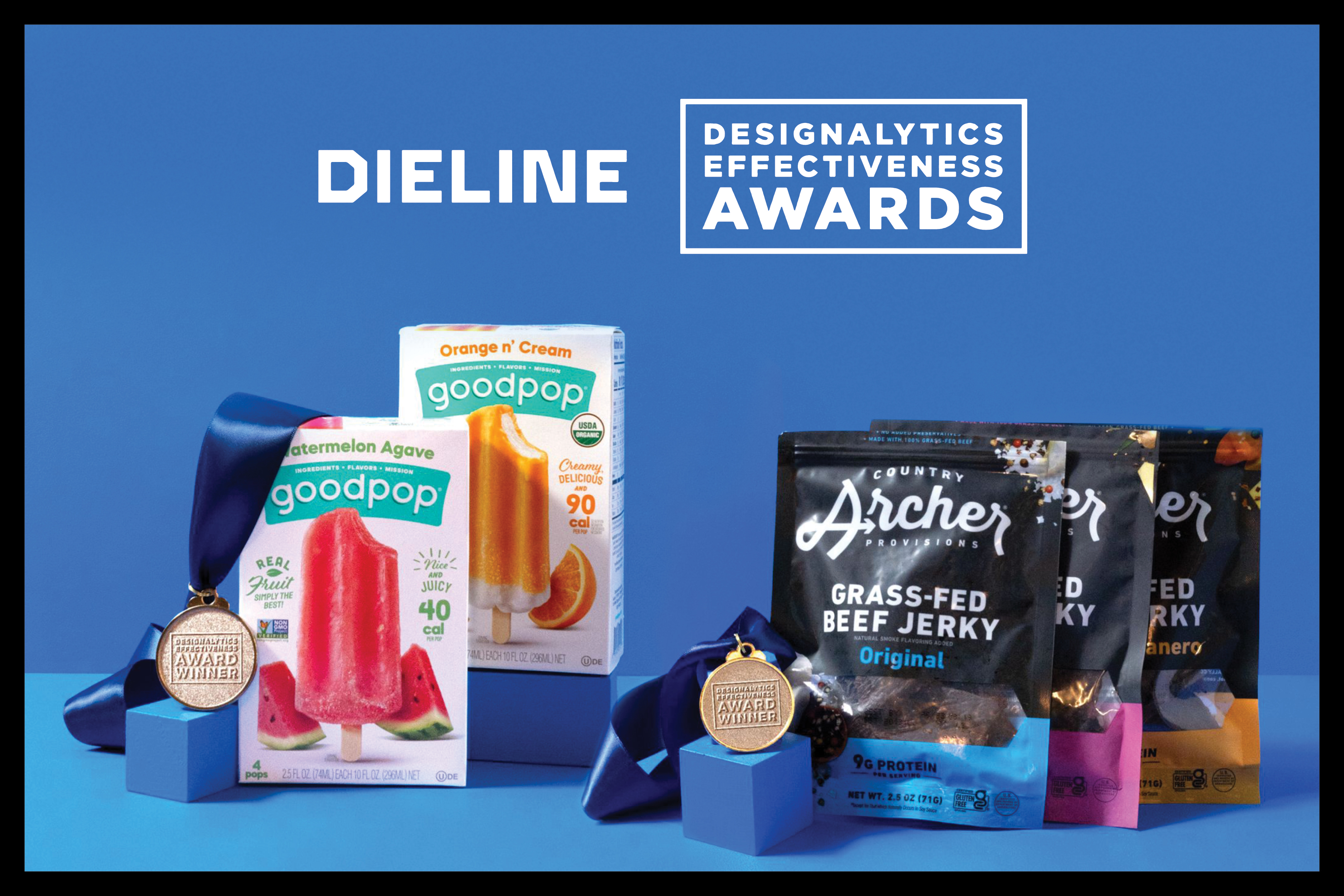 Dieline Designalytics Effectiveness Awards with GoodPop and Country Archer packs and medals