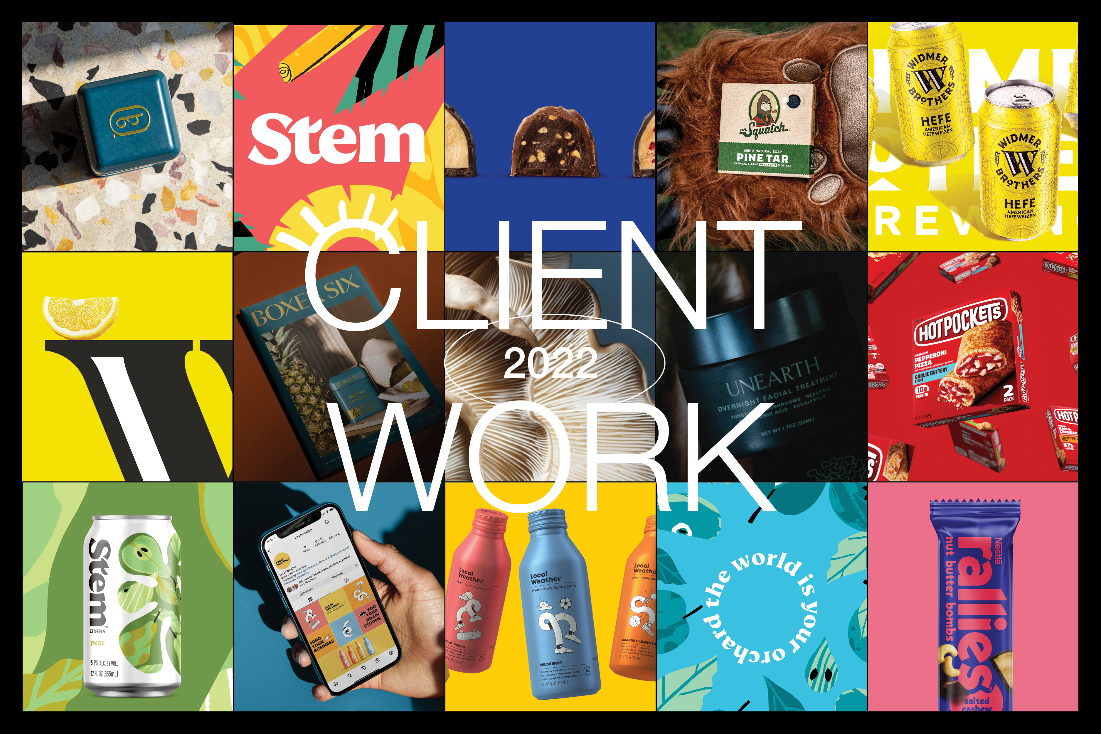 Client Work 2022 grid of Interact projects including Stem, Boxer Six, Unearth and Hot Pockets