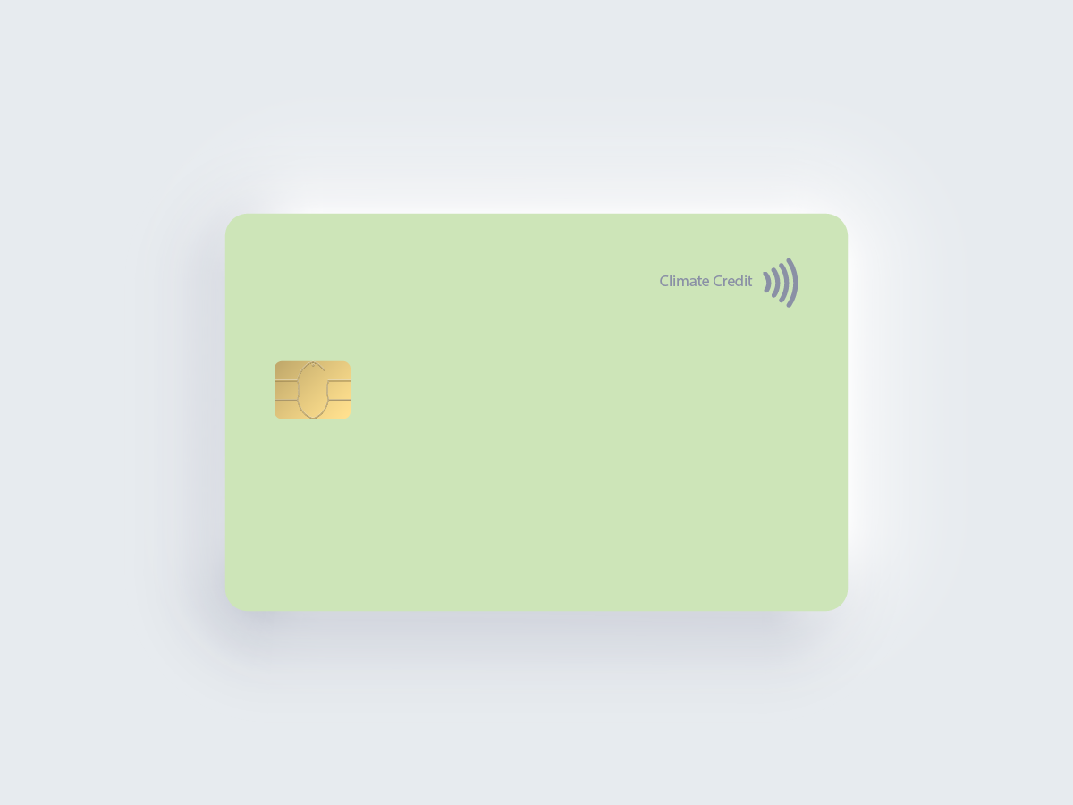 Pale green contactless payment card labelled Climate Credit, illustrating the idea of buying offsets