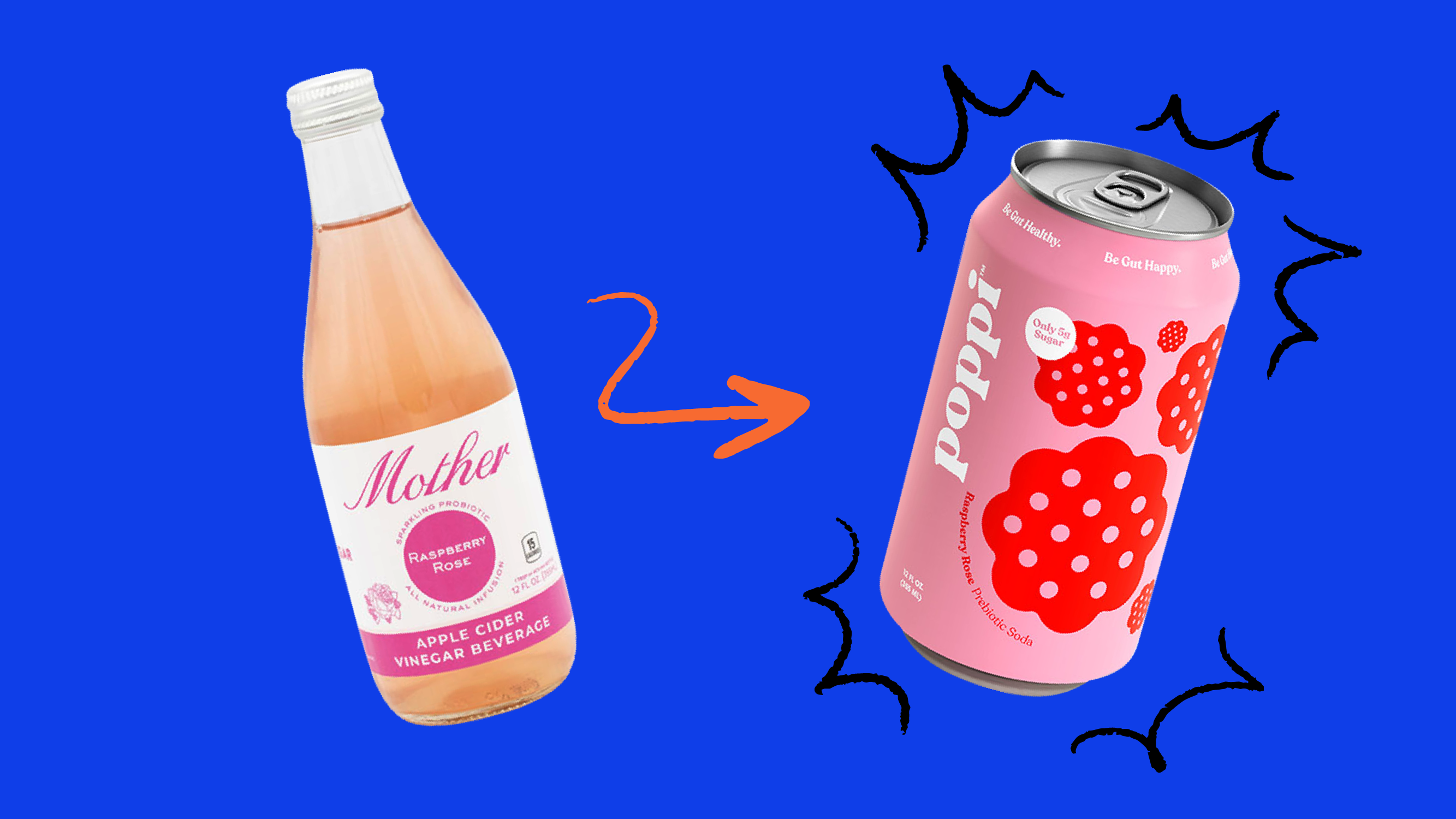 Mother raspberry rose vinegar bottle beside the rebranded pink Poppi raspberry rose can