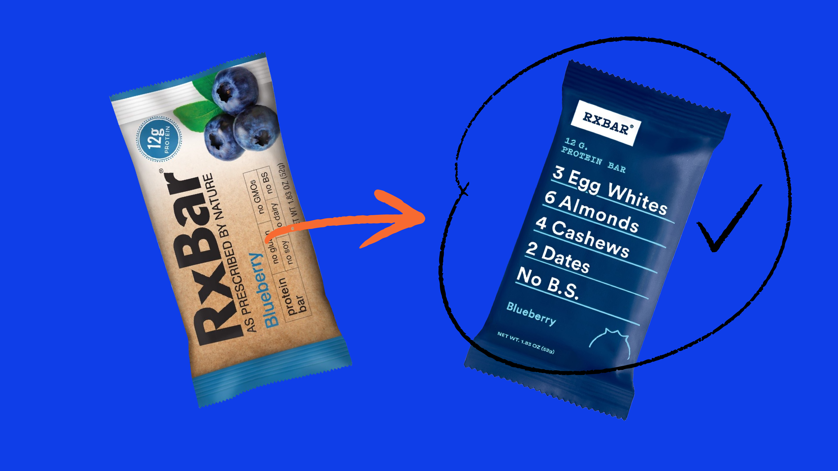 RXBAR blueberry bar before and after, the new pack listing egg whites, almonds, cashews and dates