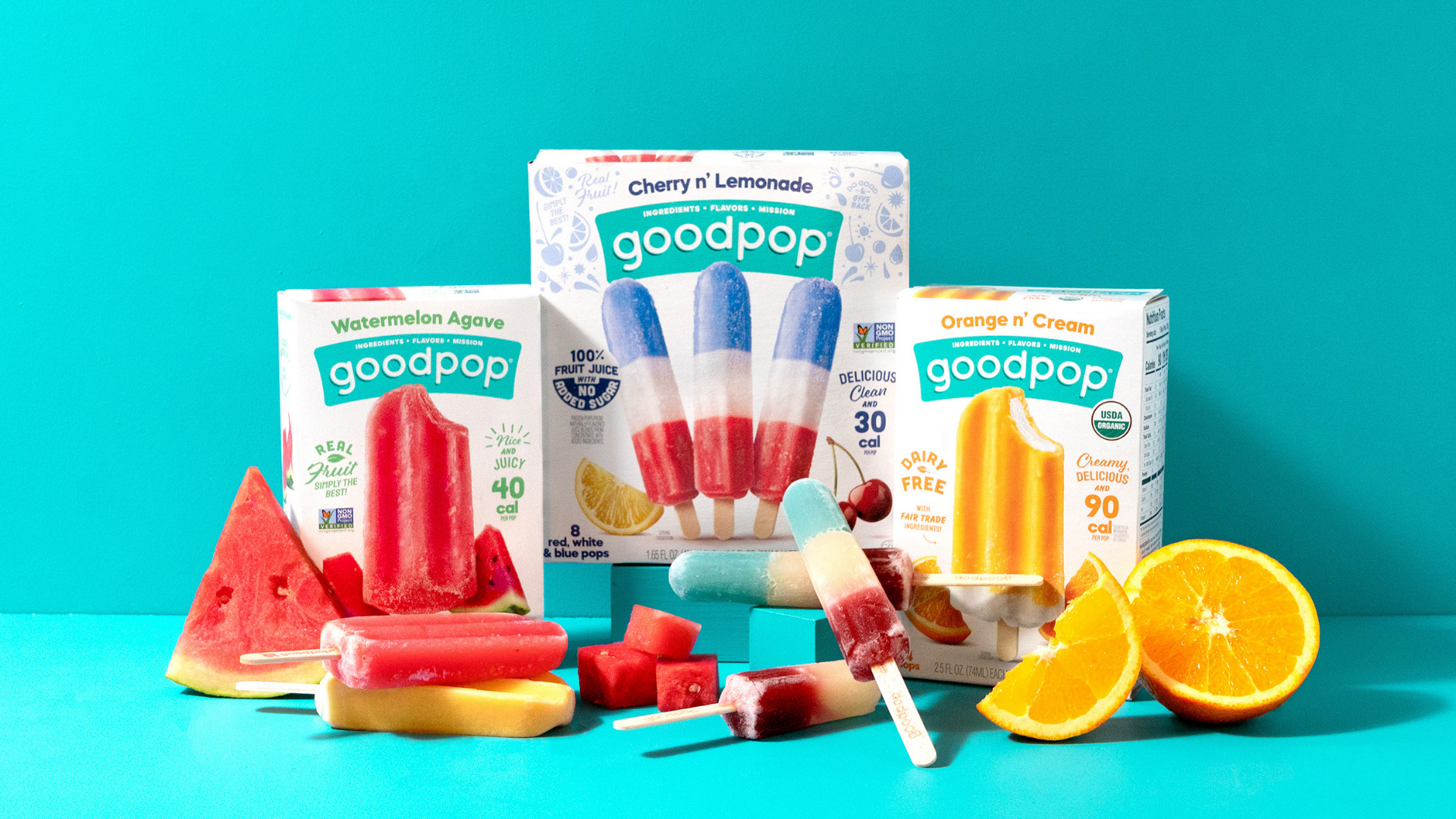 GoodPop Watermelon Agave, Cherry n' Lemonade and Orange n' Cream pop cartons after redesign