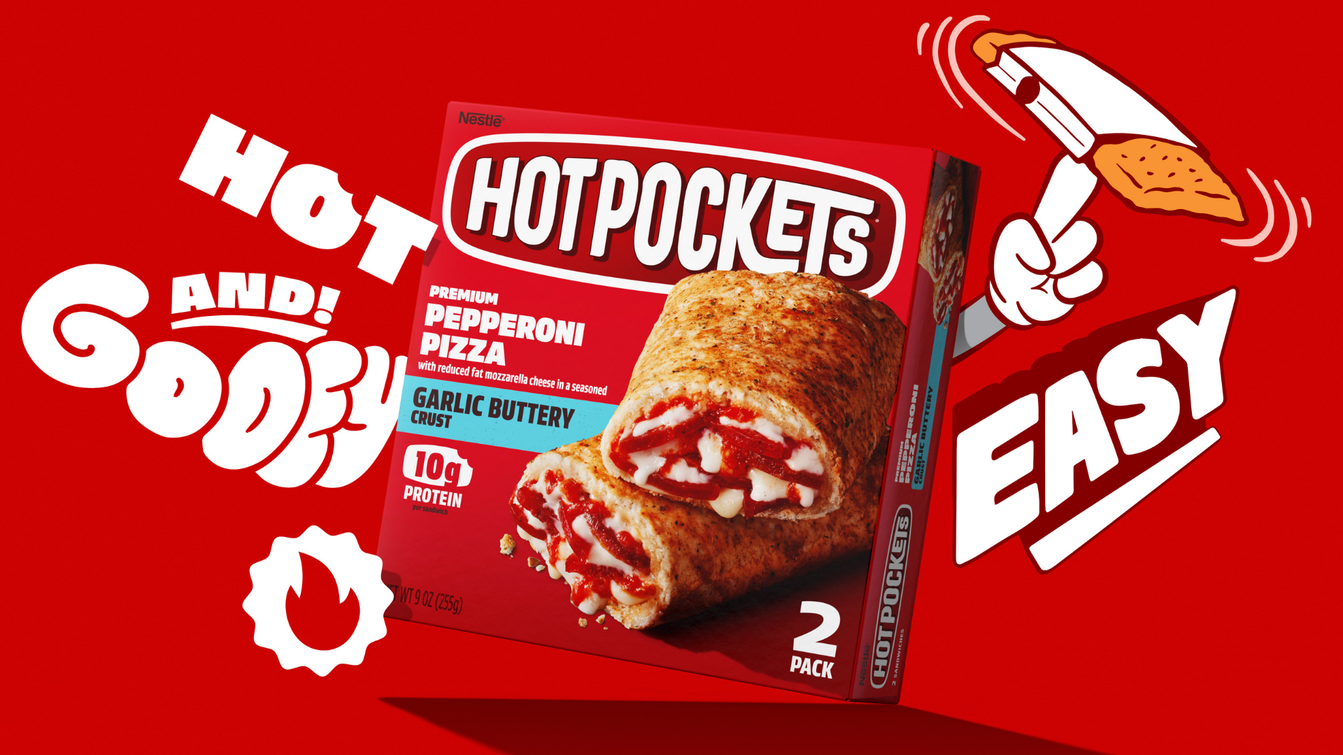 Redesigned Hot Pockets Pepperoni Pizza carton with hot and gooey and easy lettering