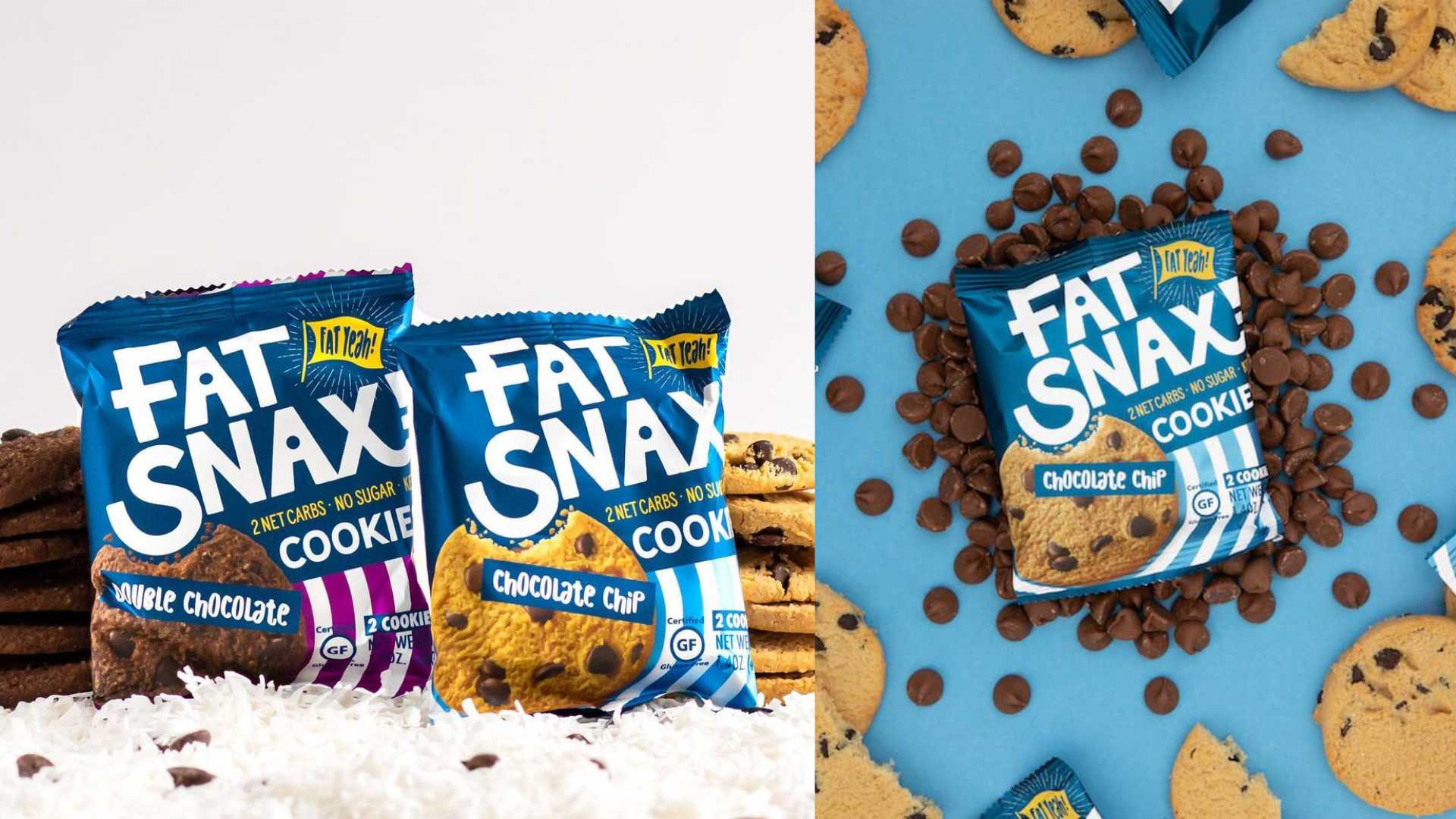Fat Snax double chocolate and chocolate chip cookie packs after redesign
