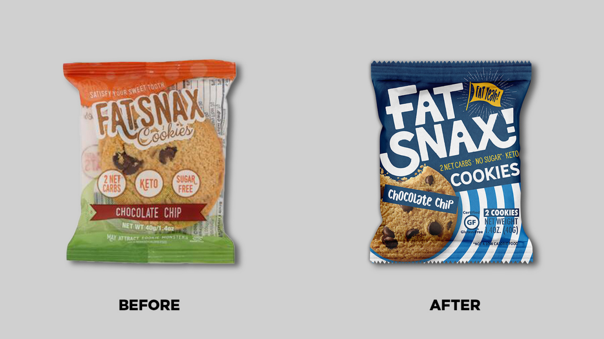 Fat Snax cookie packaging before and after the Interact redesign