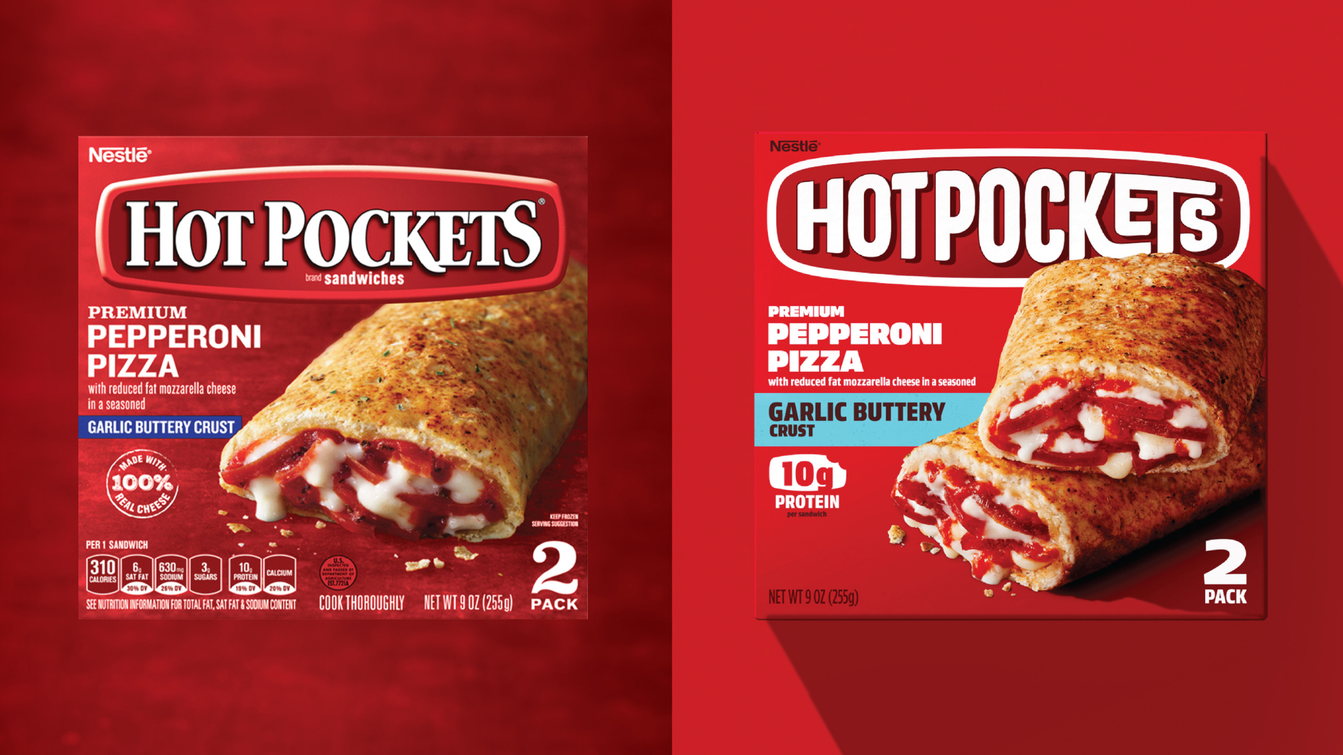 Hot Pockets Pepperoni Pizza packaging before and after the Interact redesign