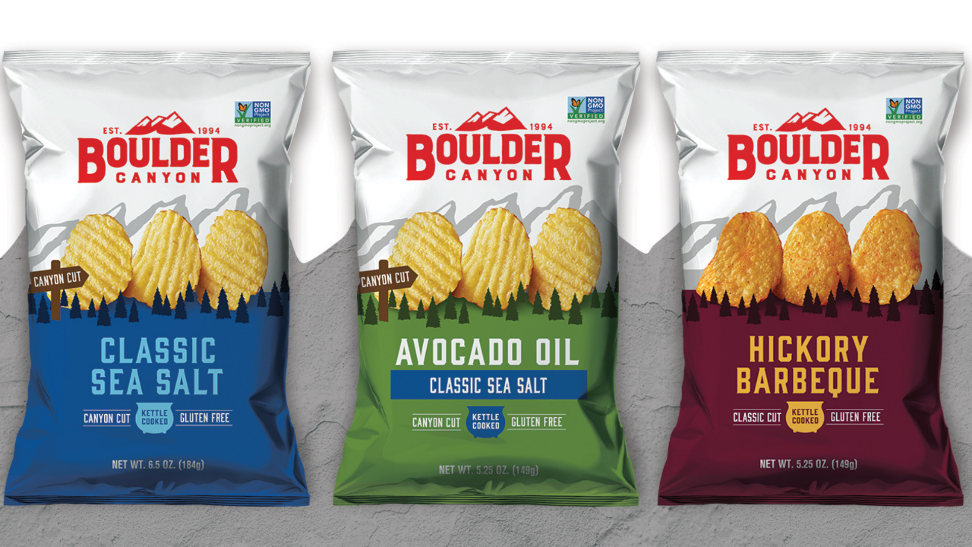 Boulder Canyon Classic Sea Salt, Avocado Oil and Hickory Barbeque chip bags after redesign
