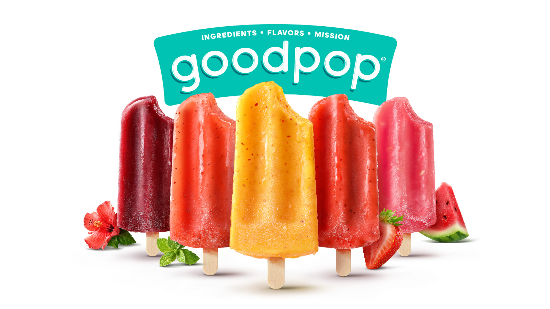 Five GoodPop fruit pops in a row under the goodpop logo, with hibiscus, mint, strawberry and watermelon