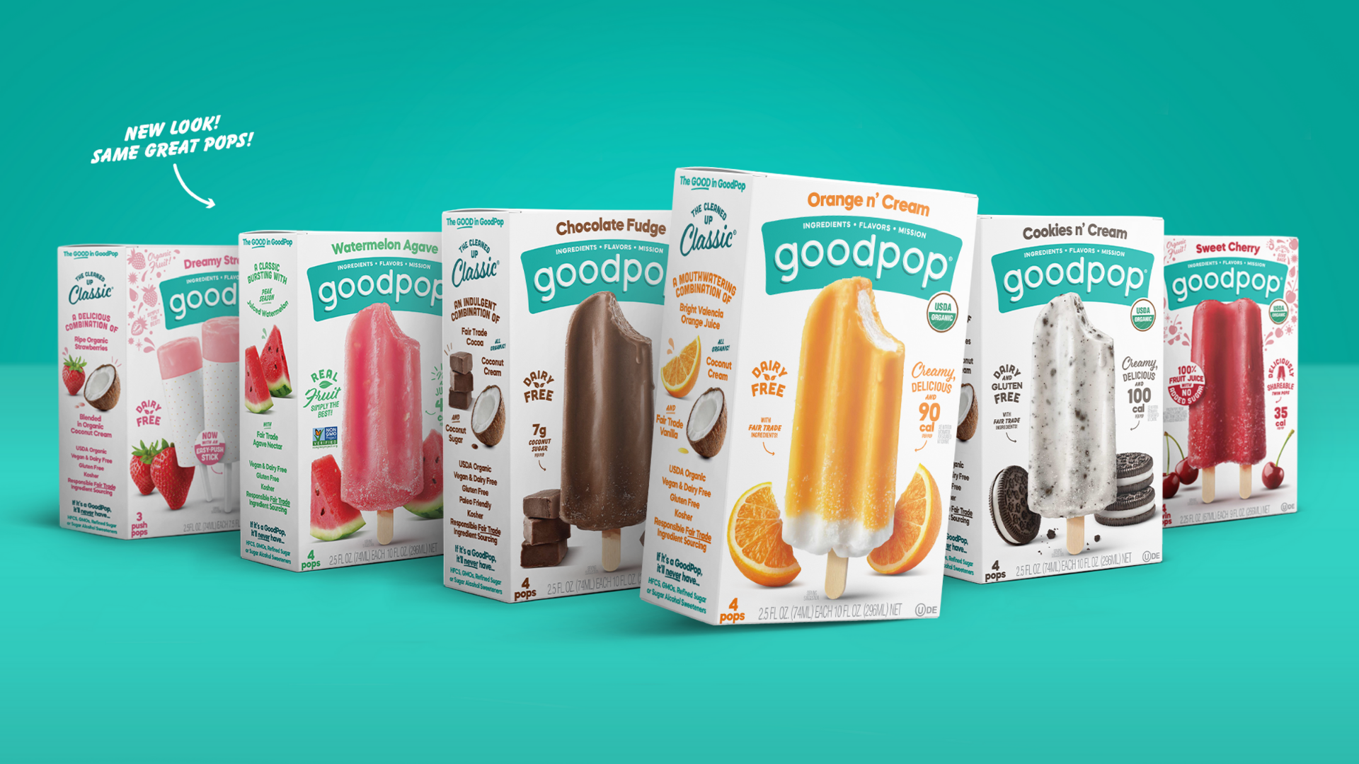 GoodPop box lineup on teal reading New Look Same Great Pops, from Dreamy Cream to Sweet Cherry