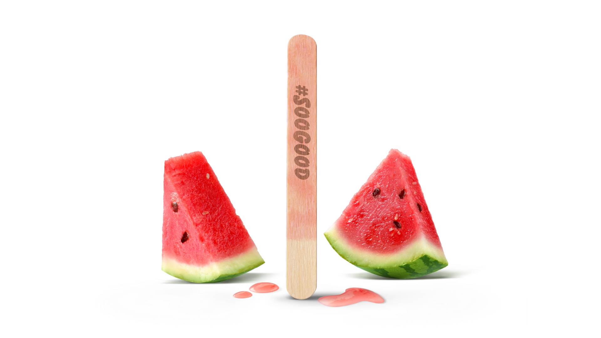 Two watermelon slices beside a GoodPop stick stamped hashtag SooGood
