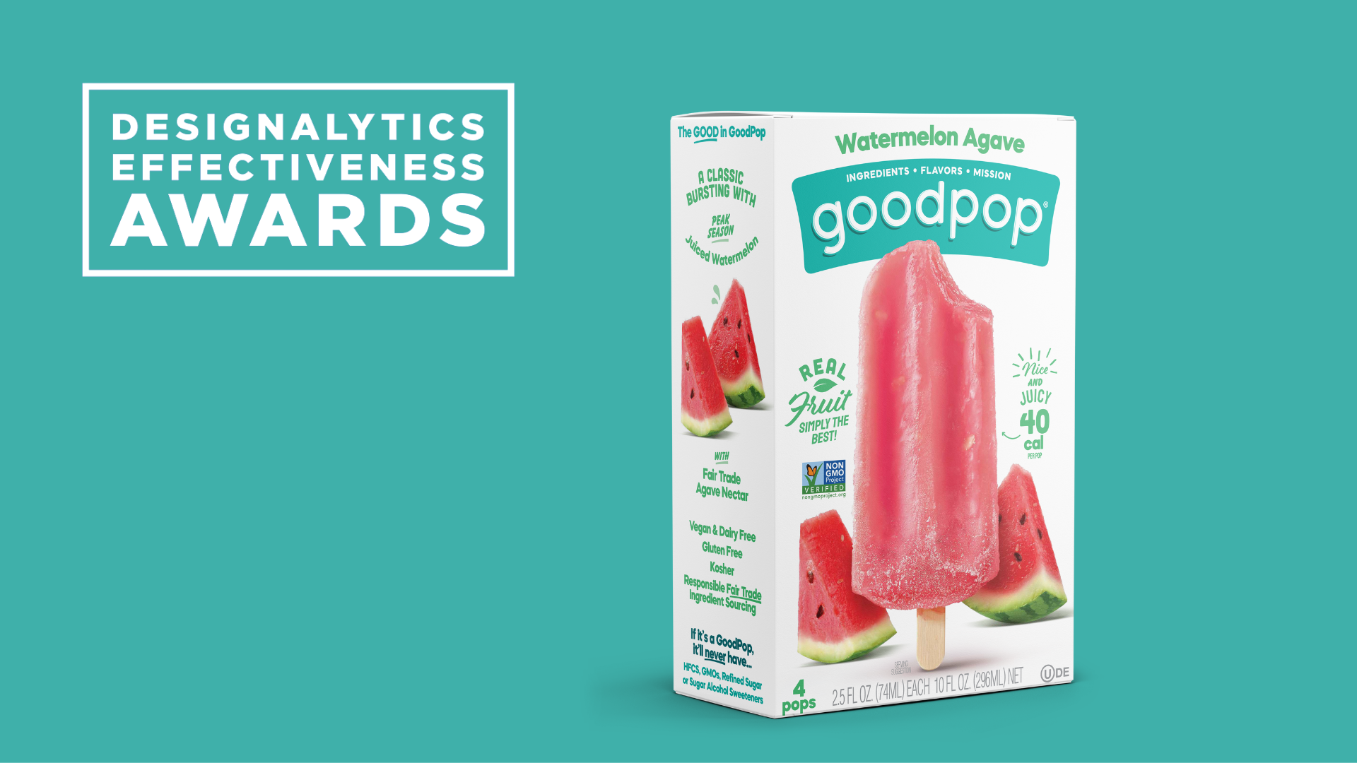 Designalytics Effectiveness Awards mark beside a GoodPop Watermelon Agave pops box on teal