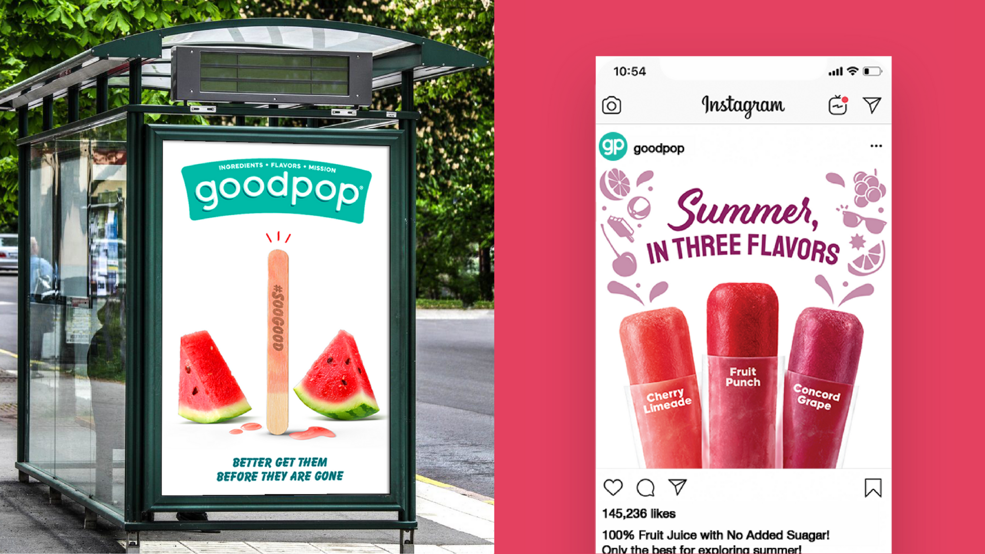 GoodPop bus-shelter poster beside an Instagram post reading Summer, In Three Flavors