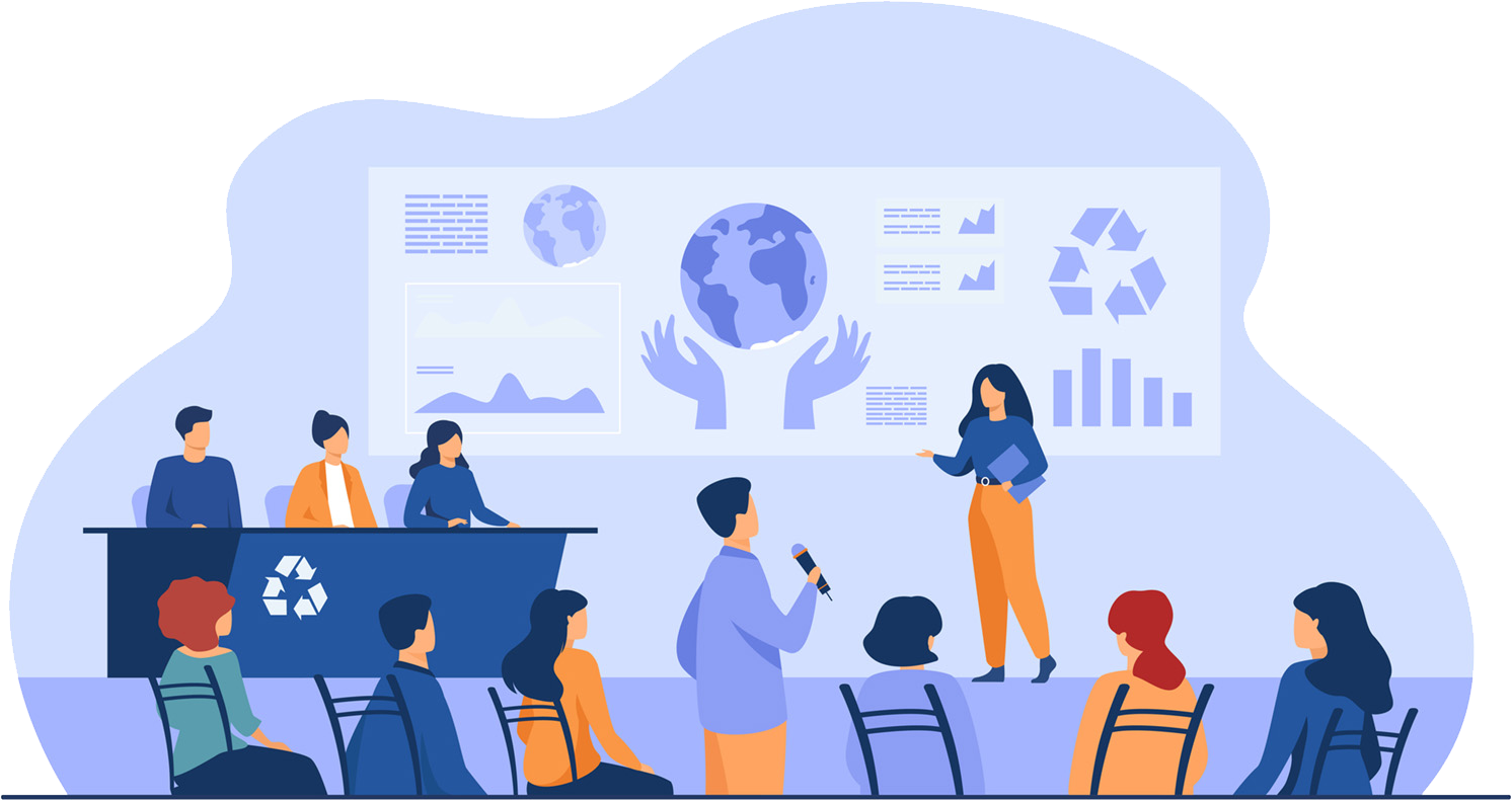 Illustration of a sustainability conference with a speaker presenting climate and recycling charts