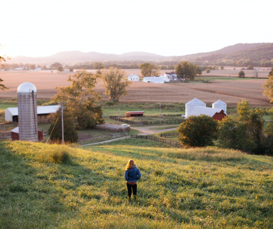 Person walking through a hillside field above a farm with silos and red barns