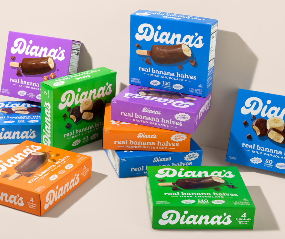 Diana's real banana halves and bites boxes in milk chocolate, dark chocolate and salted caramel