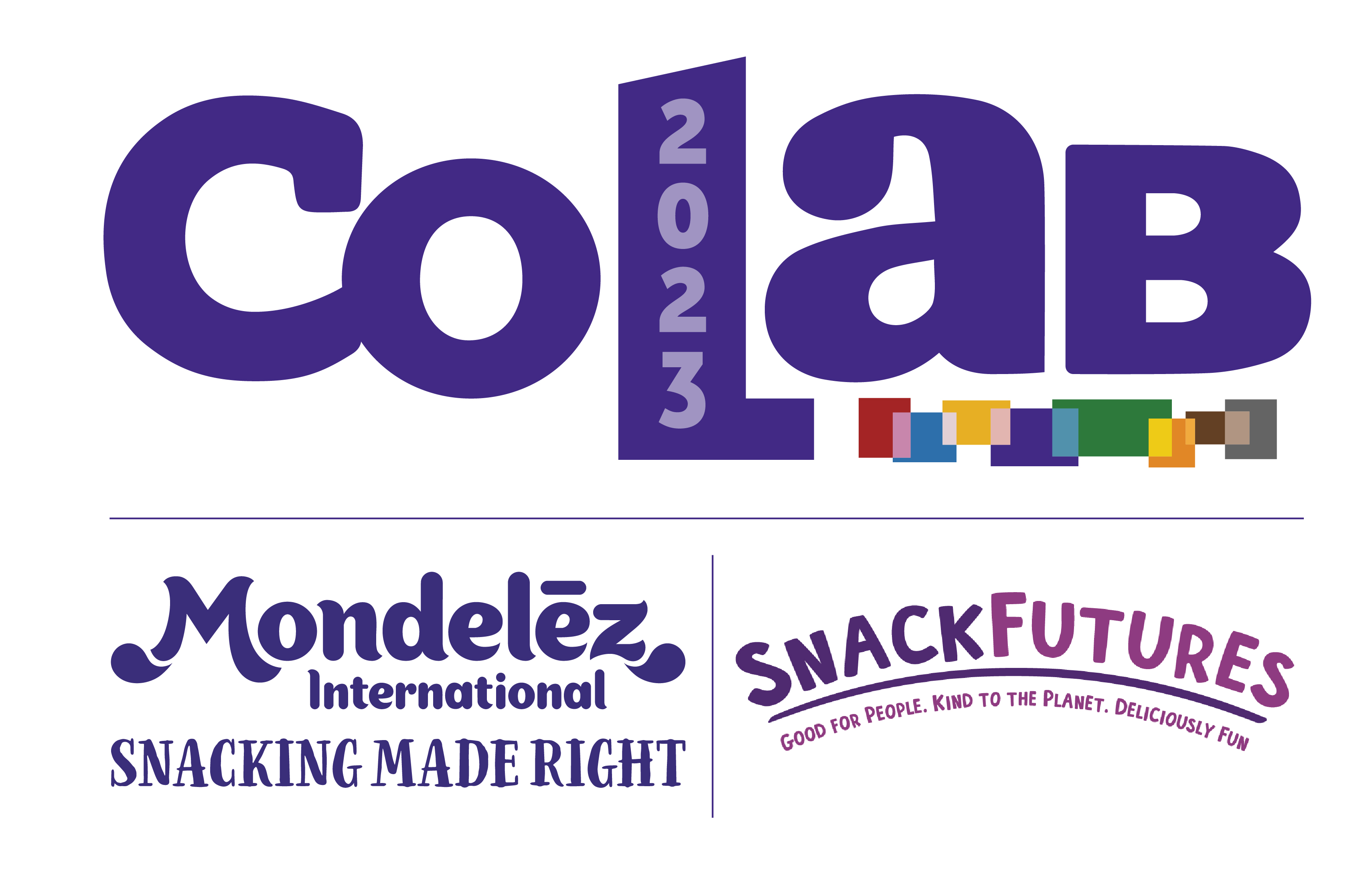CoLab 2023 logo above the Mondelez International Snacking Made Right and SnackFutures lockups