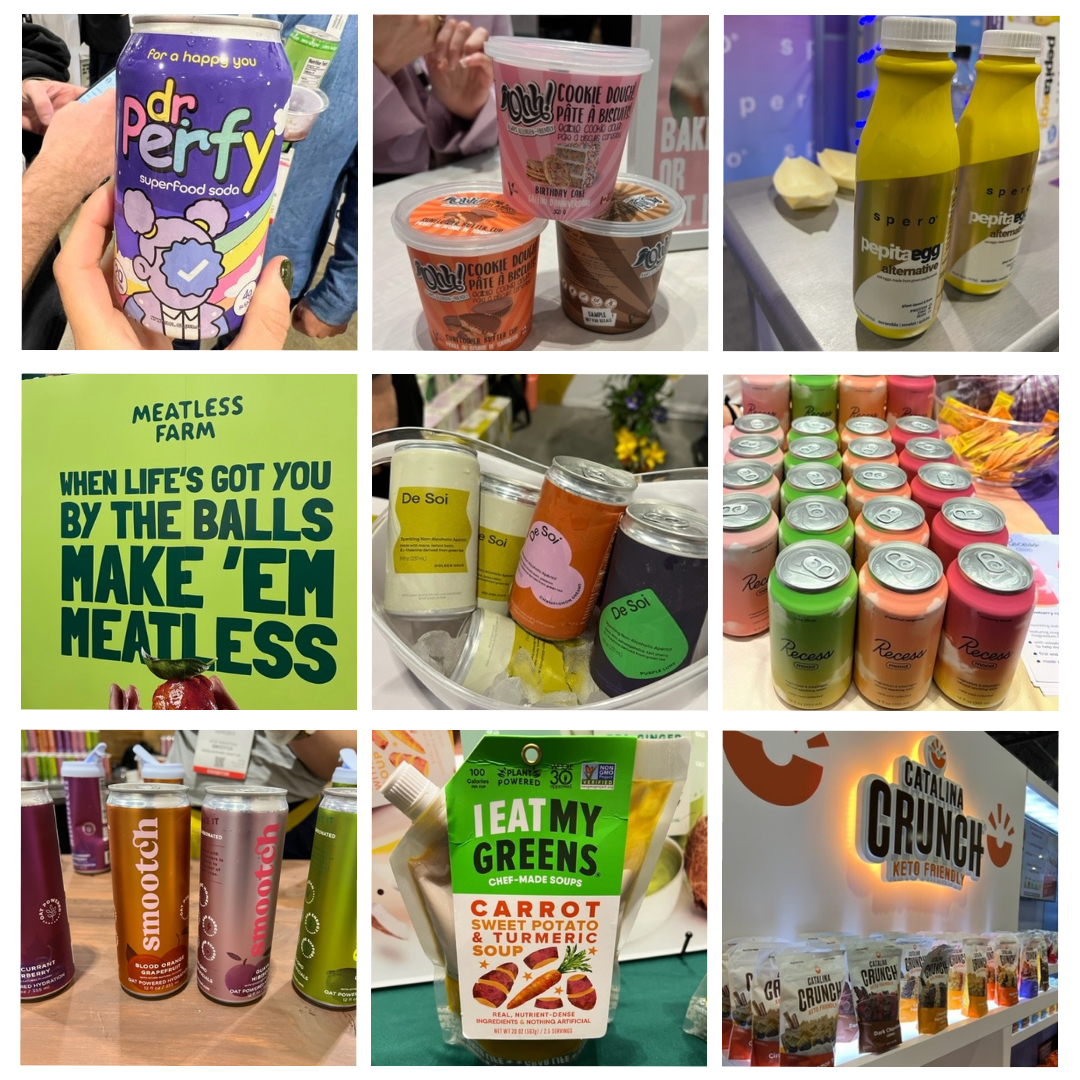 Nine-photo collage of Expo East 2022 finds including Dr. Perfy soda, Meatless Farm and Catalina Crunch