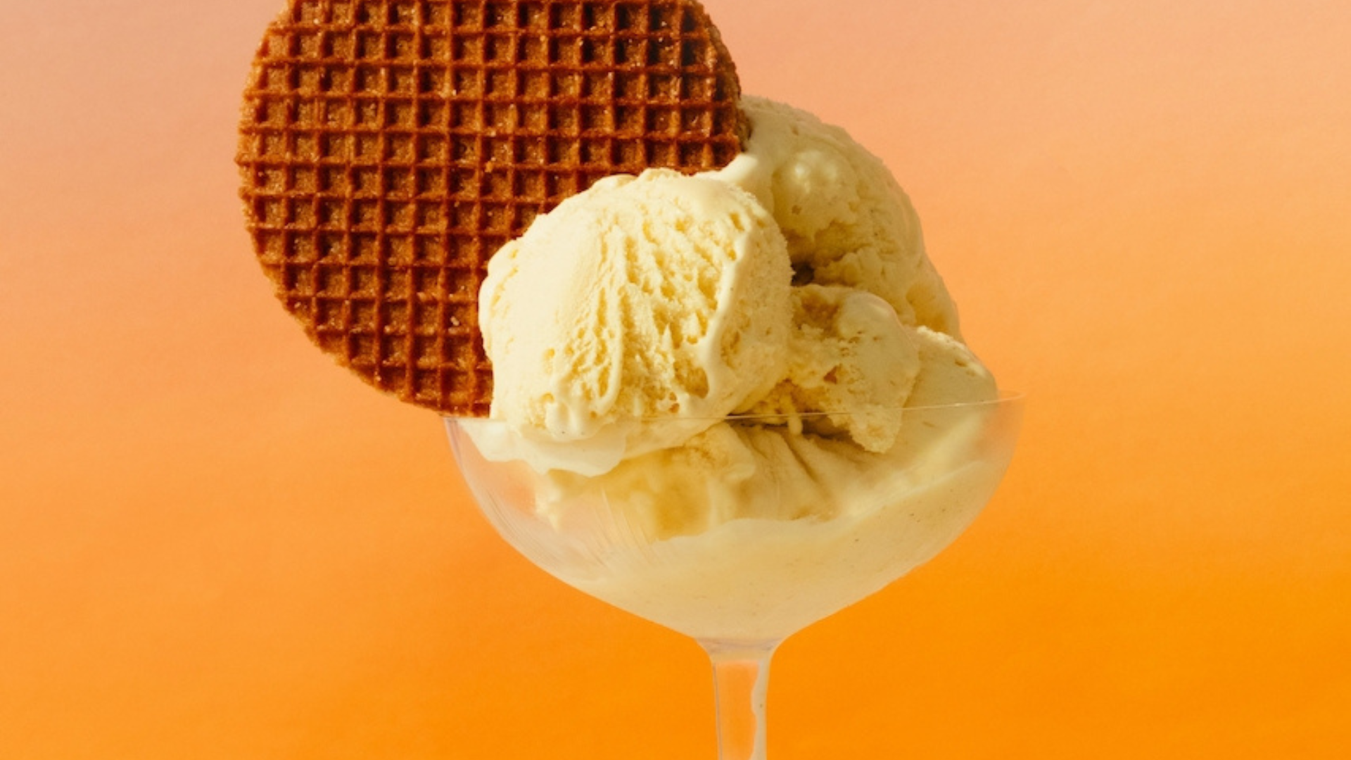 Scoop of vanilla ice cream in a glass dish with a stroopwafel, on an orange background