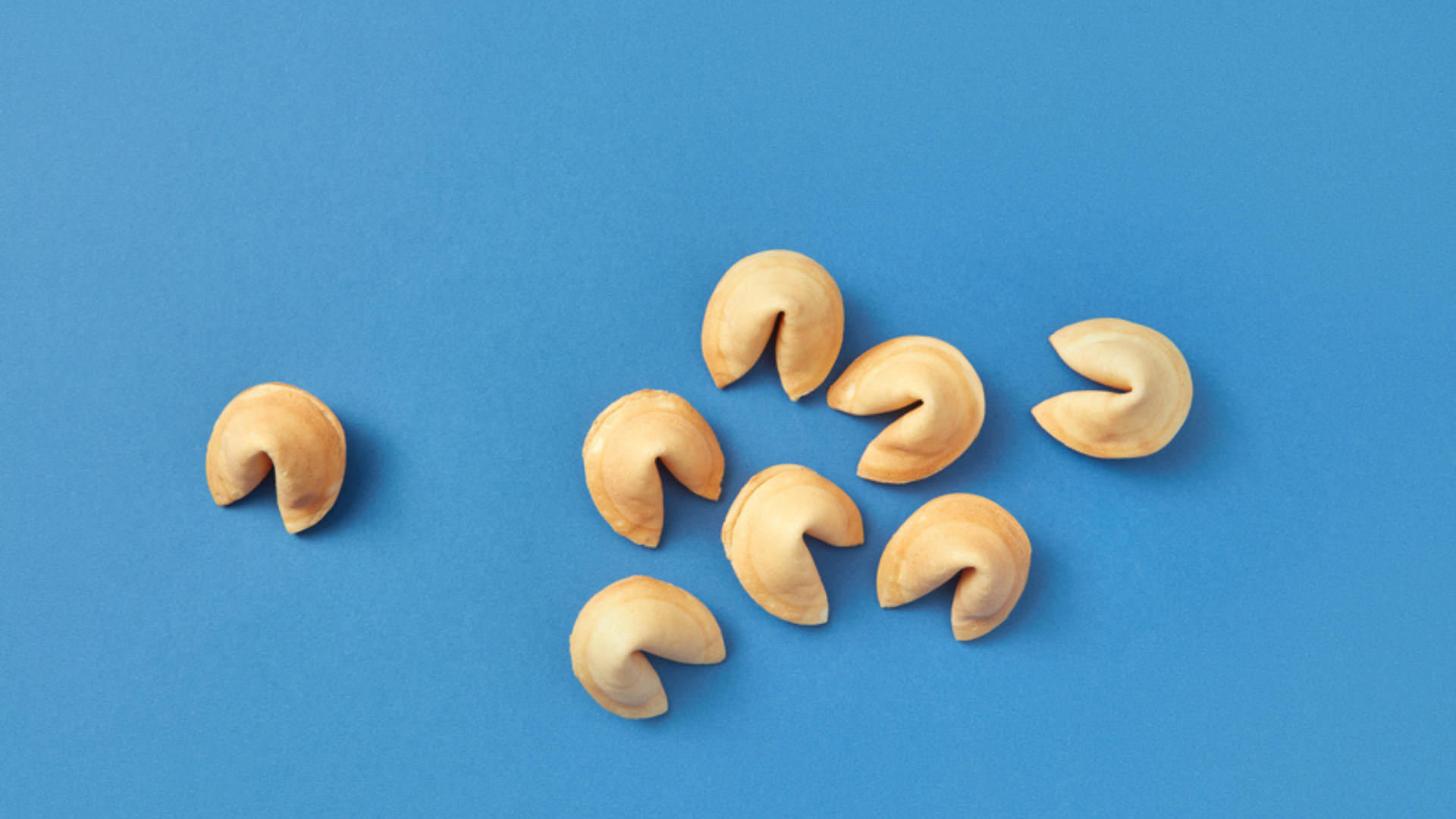 Fortune cookies scattered across a bright blue background