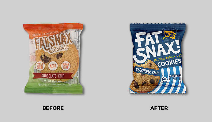 Fat Snax chocolate chip keto cookie pack shown before and after the Interact rebrand