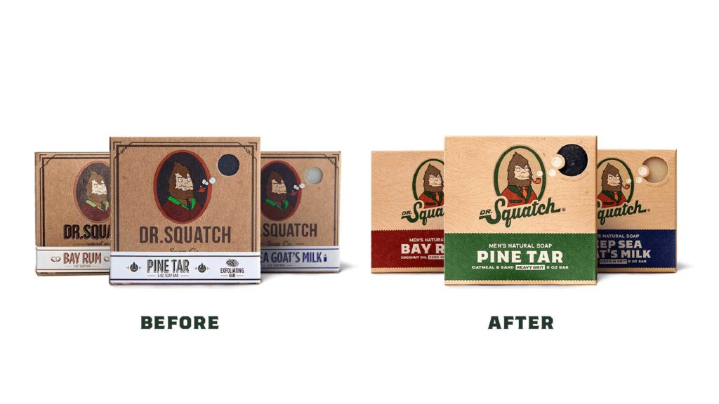 Dr. Squatch soap boxes shown before and after the Interact rebrand