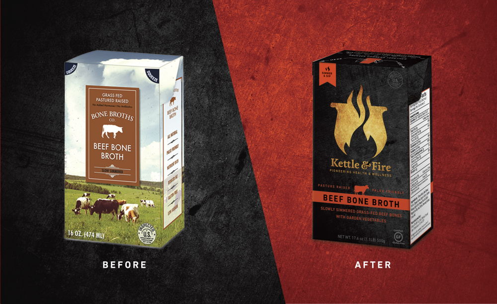 Bone Broths Co beef bone broth carton before and the Kettle and Fire carton after the rebrand