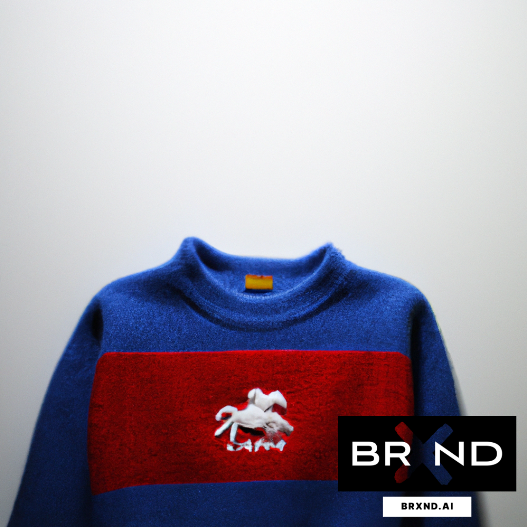 AI-generated Supreme x Ralph Lauren collab sweater in blue and red, made with the BrXnd.AI CollXbs tool