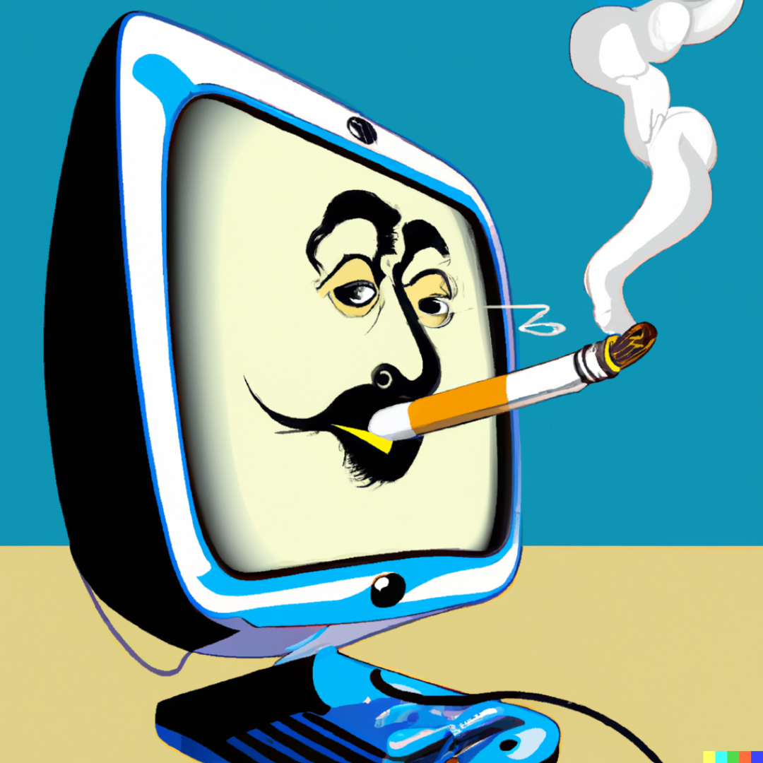 Cartoon desktop computer with a Salvador Dali face on its screen, smoking a cigar