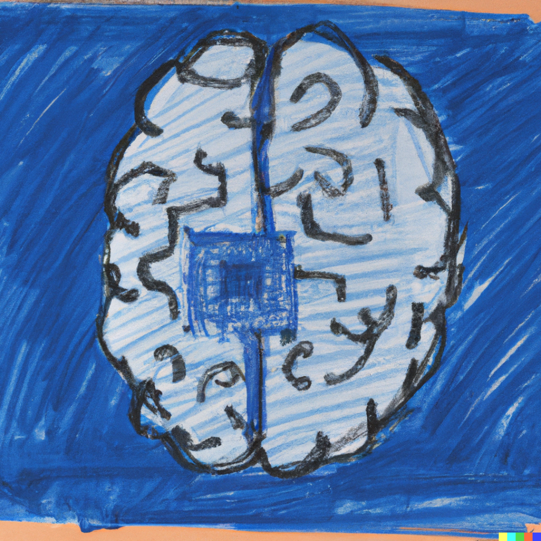 Crayon-style drawing of a brain with a computer chip at its center on navy construction paper