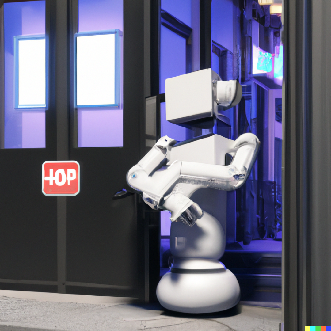White robot arm blocking a club doorway beside a stop sign, neon-lit interior behind it