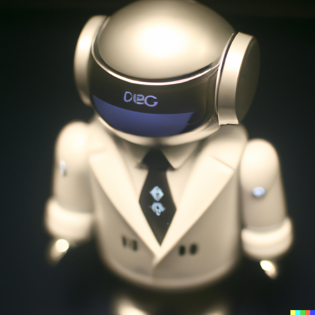 Glossy white toy robot wearing a business suit and tie, lit like a CEO portrait