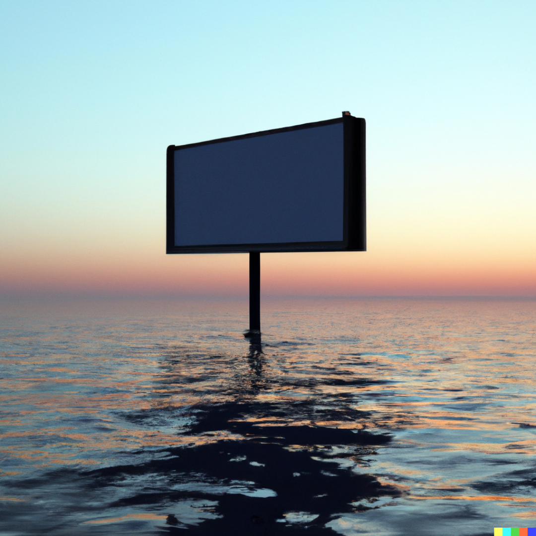 Blank billboard standing in the middle of a calm ocean at sunset