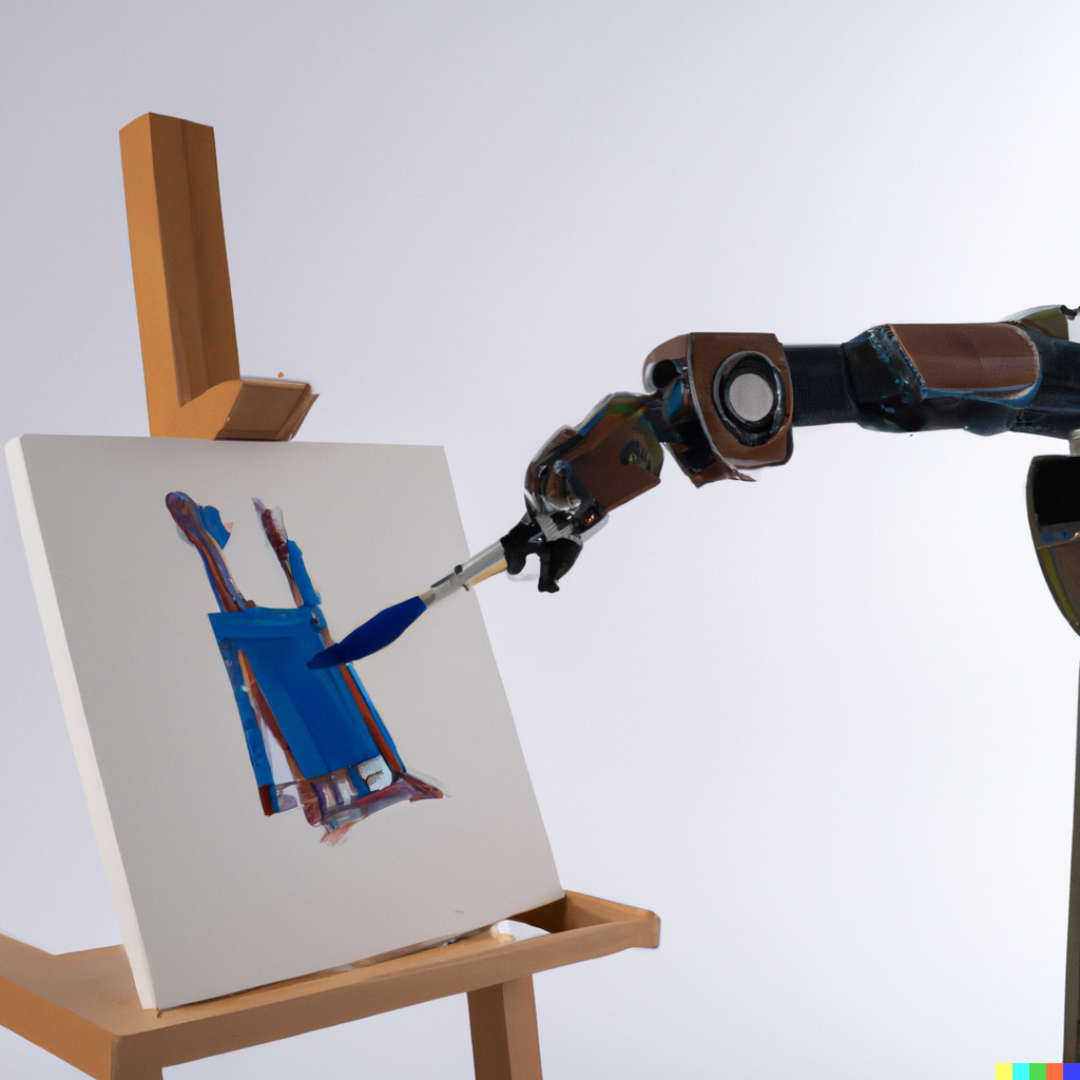 Robotic arm painting an abstract blue figure on a canvas set on a wooden easel