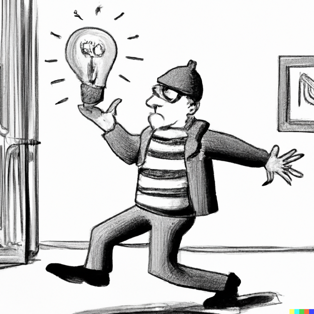Black-and-white cartoon of a burglar tiptoeing away with a glowing lightbulb