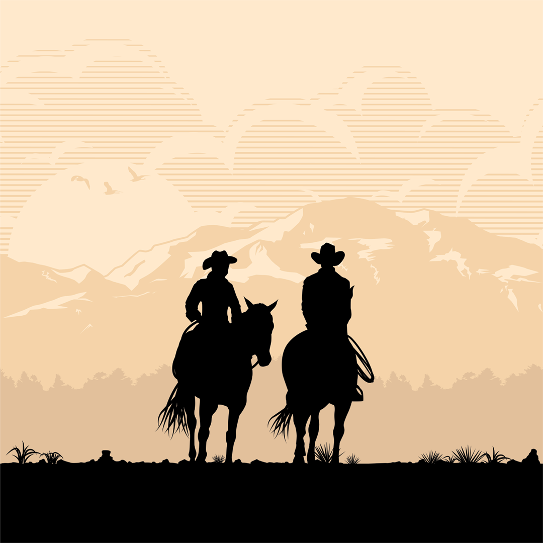 Silhouettes of two cowboys on horseback against a mountain range at dusk