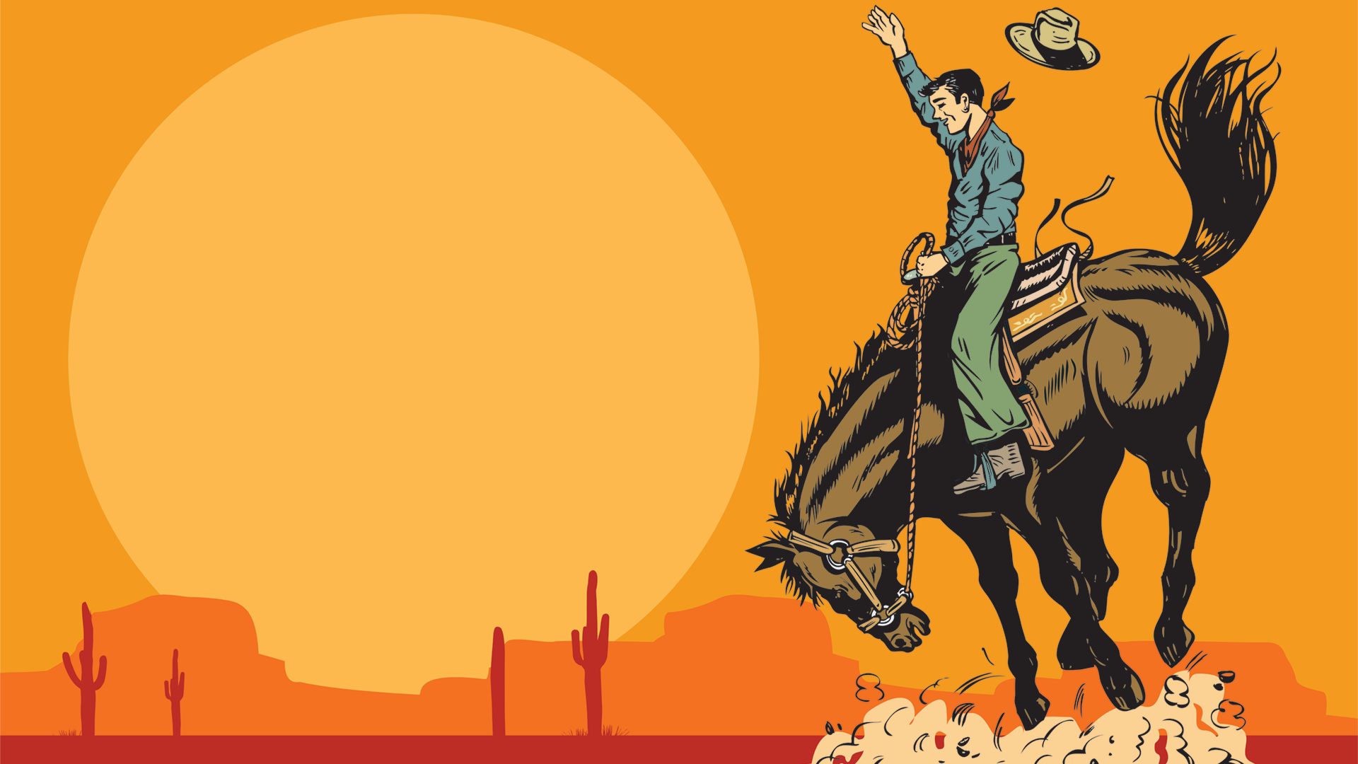 Illustration of a cowboy riding a bucking bronco in front of a desert sunset