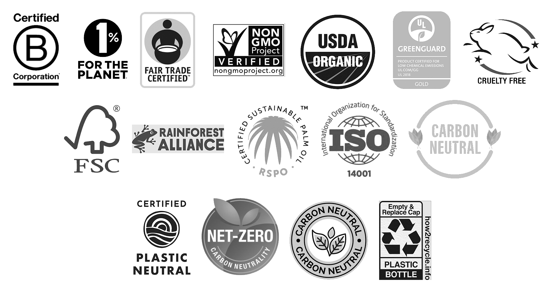 Grid of sustainability certification marks including B Corp, Fair Trade, USDA Organic and FSC
